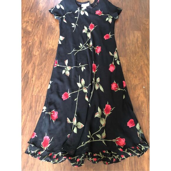 Jessica Howard  Black Floral Maxi Dress Red Roses A-Line Evening SZ M-P - Picture 1 of 9